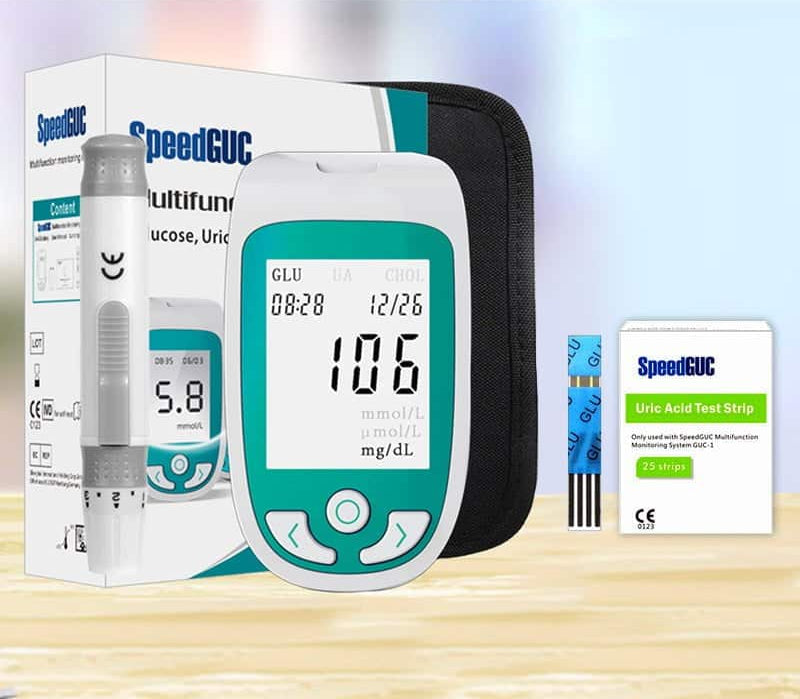 Proactive health management with a 3-in-1 blood testing kit: cholesterol, glucose, uric acid monitor.