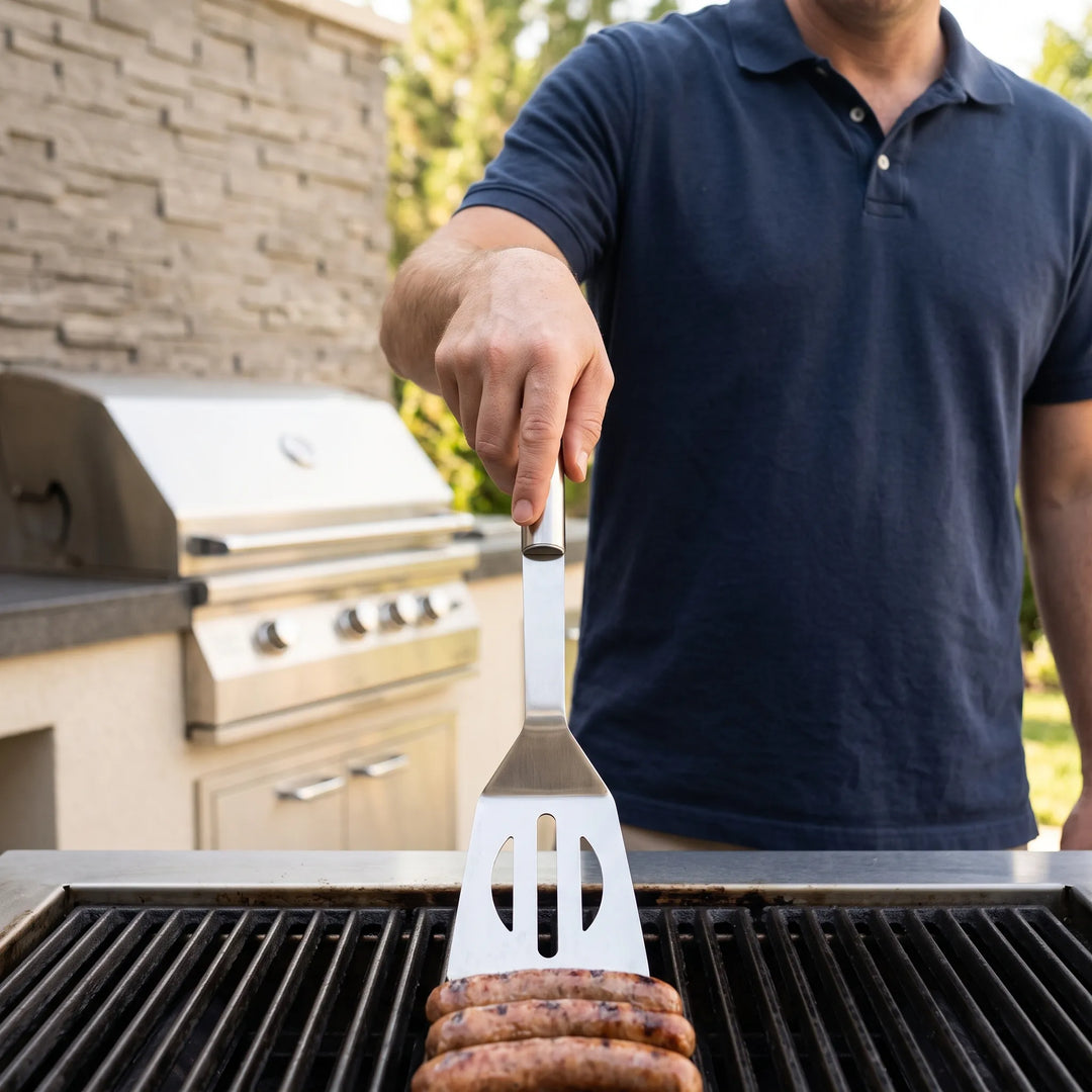 3-piece stainless steel BBQ tool set for grilling, including spatula, tongs, and fork, ideal for outdoor cooking.