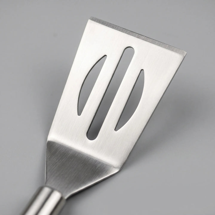 Complete 3-piece stainless steel grill utensil set with tongs, spatula, and fork for all your BBQ needs.