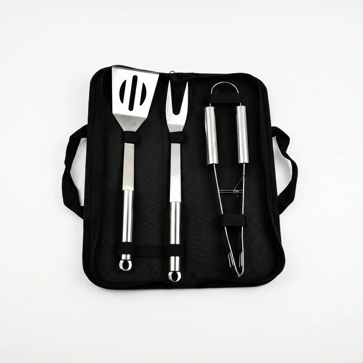 Premium stainless steel BBQ tools, a 3-piece set featuring spatula, tongs, and fork, essential for camping and grilling.