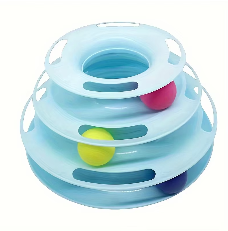 Interactive cat toy: 3-Tier Cat Play Tower with track and rolling balls for endless fun