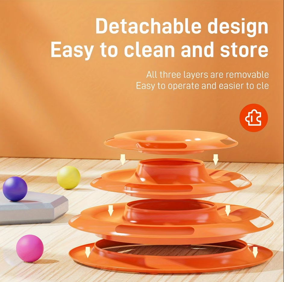 Close-up of rolling balls on a track within the 3-Tier Cat Play Tower interactive pet toy