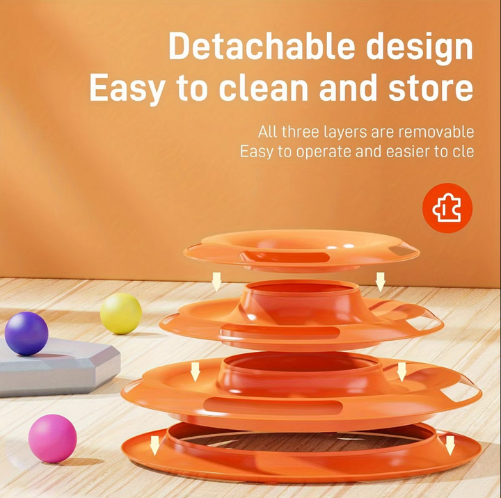 Close-up of rolling balls on a track within the 3-Tier Cat Play Tower interactive pet toy