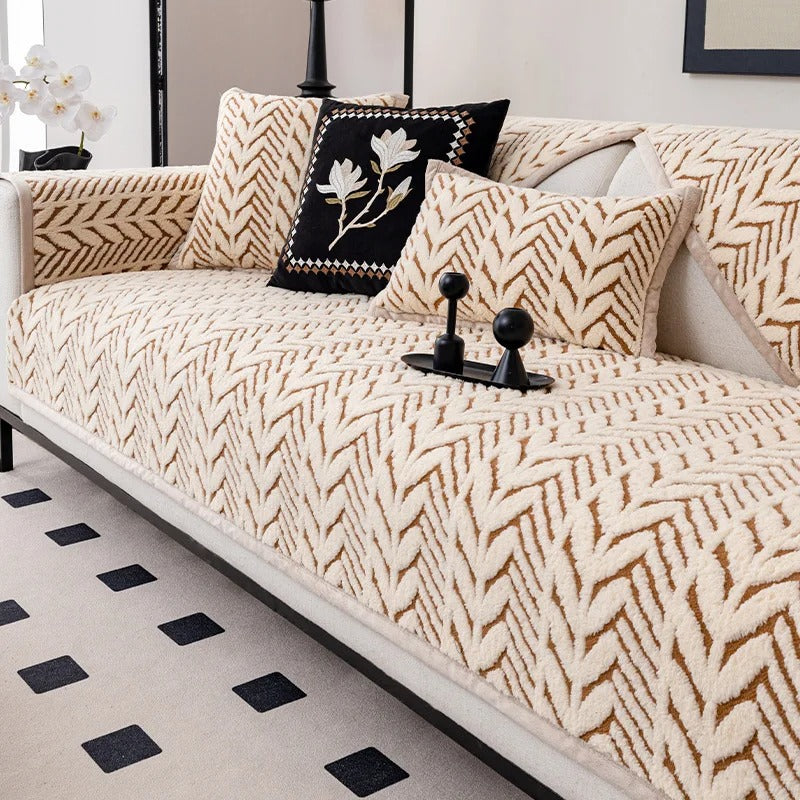 Cozy Plush Sofa Cover with Anti-Slip Wheat-Ear Design