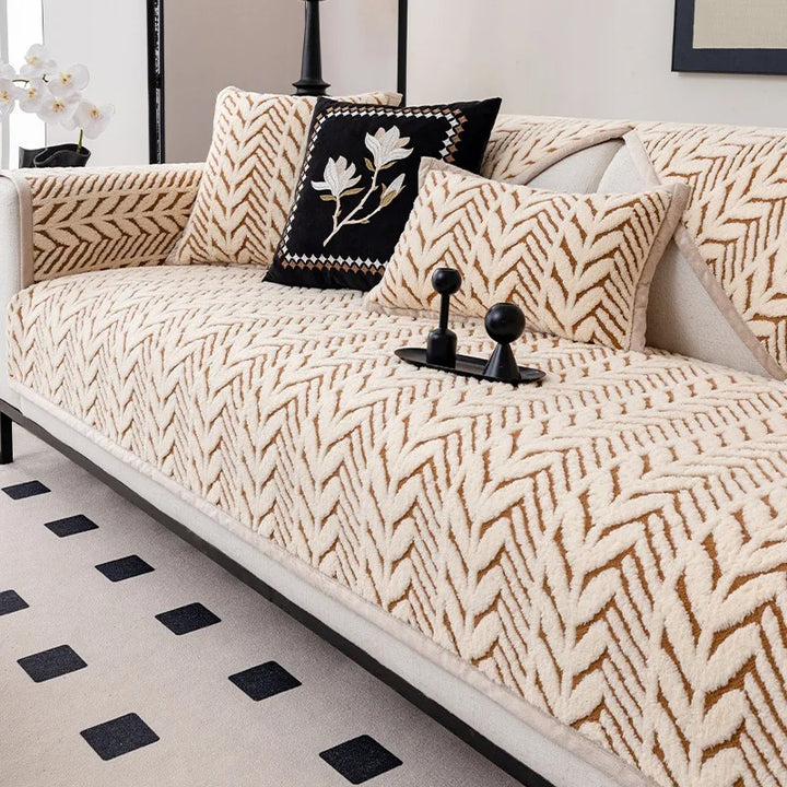 Cozy Plush Sofa Cover with Anti-Slip Wheat-Ear Design