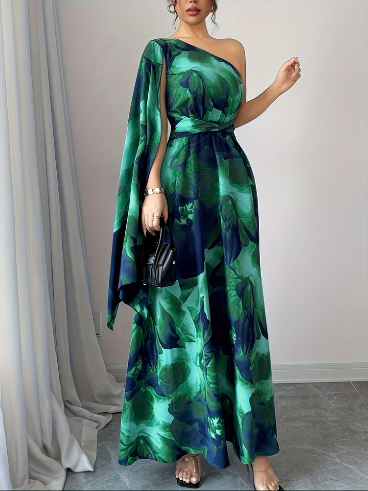 Formal one-shoulder women's maxi dress. Elegant design, suitable as a wedding guest dress or evening gown.