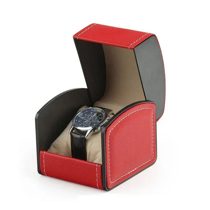 Red watch protector box, a vibrant accessory box for elegant timepiece storage and safe travel.