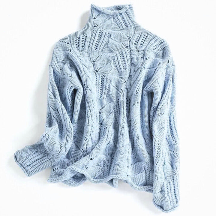 Women's Aurora wavy knit turtleneck sweater in a cozy, warm fabric, perfect for elegant fall and winter fashion.