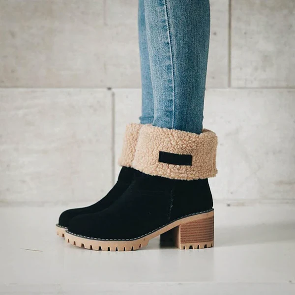Women's block heel snow boots, warm and stylish for winter. Waterproof ankle design for cold weather comfort.