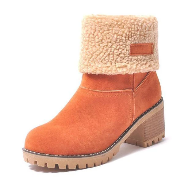 Comfortable women's block heel snow boots. Stylish, warm, and waterproof winter footwear, perfect for cold weather.