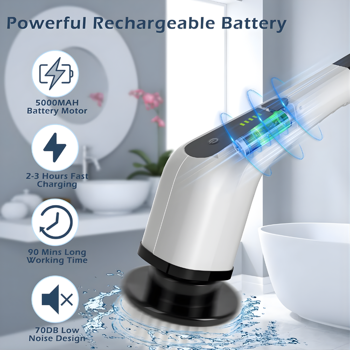 Powerful cordless power scrubber with adjustable heads for efficient household, bathroom, kitchen, and car cleaning. Rechargeable.