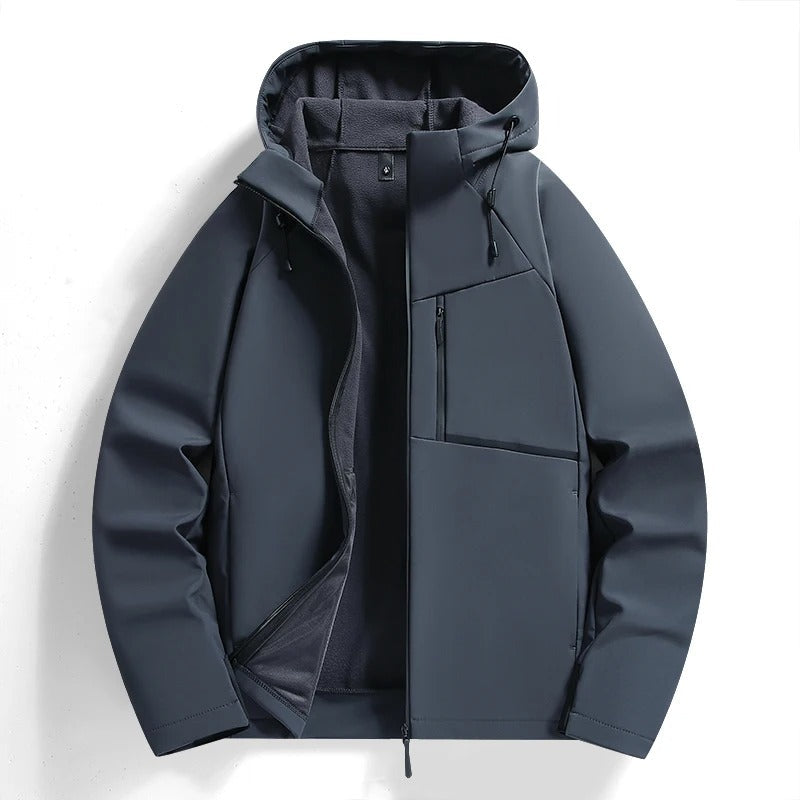 Men's adventure gear: A robust, weather-resistant hooded jacket, ideal for outdoor comfort & protection.