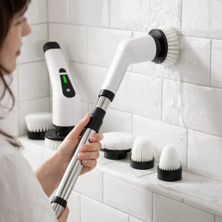 Versatile cordless spin brush for deep cleaning bathrooms, kitchens, and cars. Rechargeable electric scrubber with multiple heads.