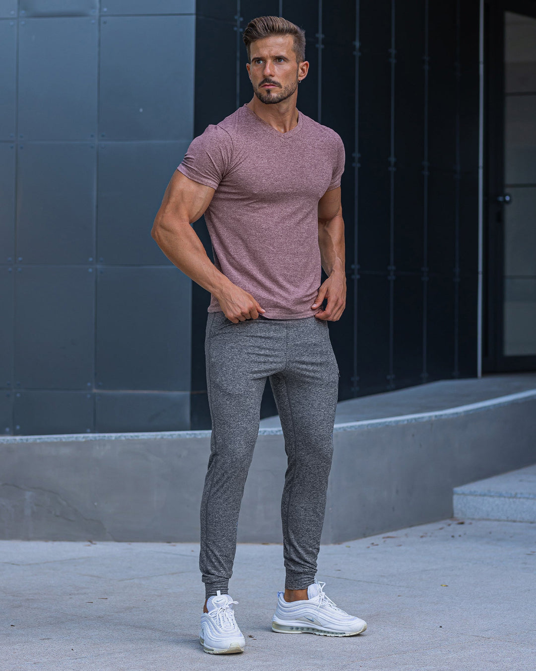 Flexible men's active pants; stretch joggers offering comfort for all activities.