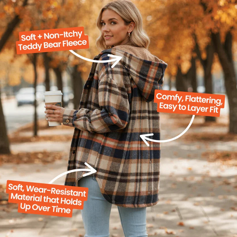 Comfortable women's hooded plaid shacket, teddy bear fleece lining, ideal winter outerwear.
