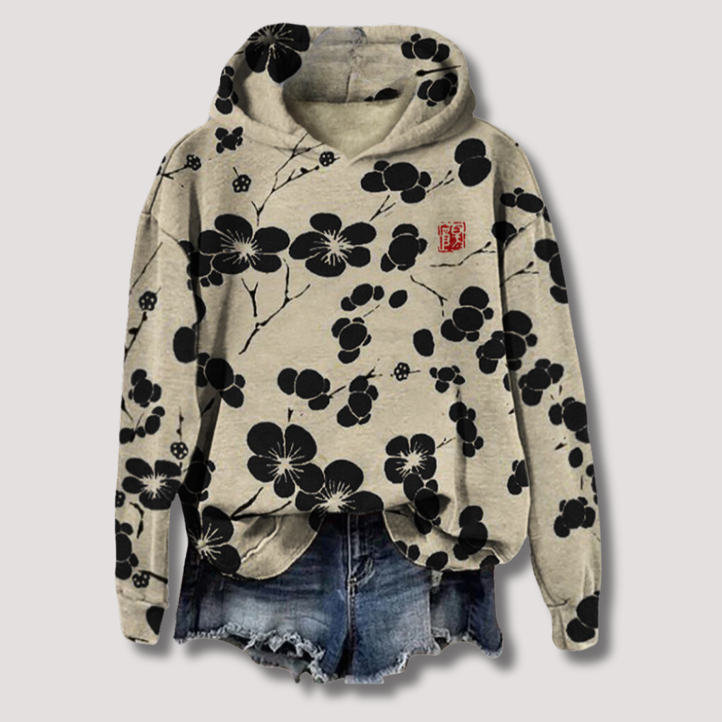 Women's stylish floral print hooded sweater, perfect lightweight long-sleeve top for summer casual wear.