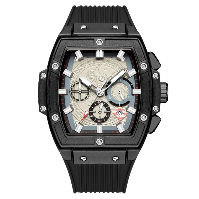 Elegant men's watch, silver-tone, featuring a black dial, multifunction display, and durable construction.