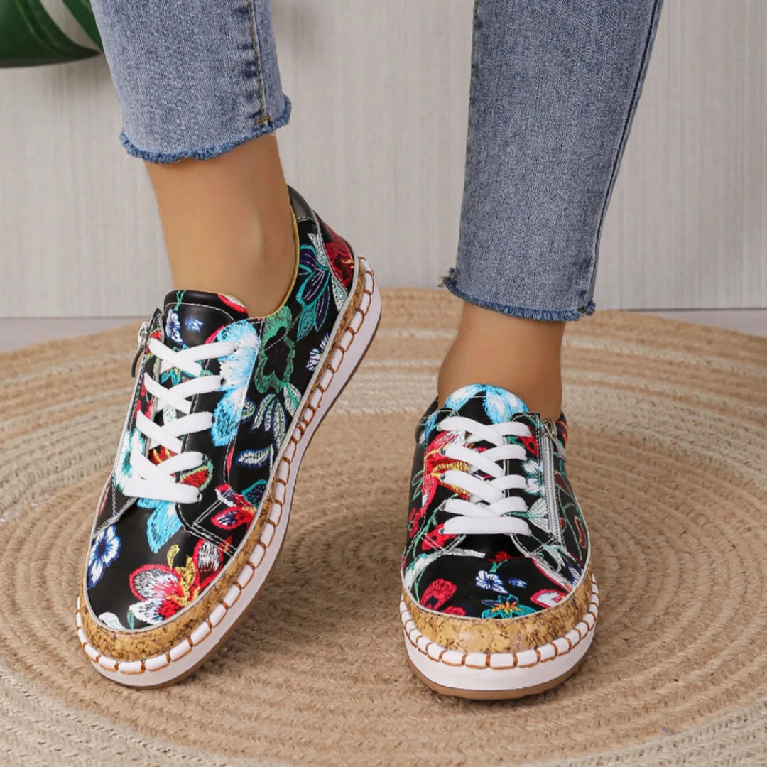 Women's elegant black floral lace-up flat shoes, comfortable casual spring summer footwear.
