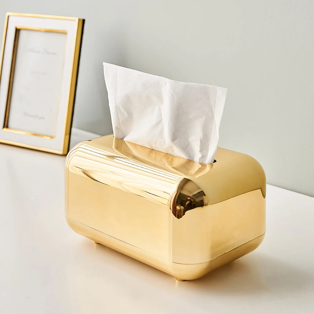Minimalist gold & silver tissue dispenser, sleek modern home accessory.
