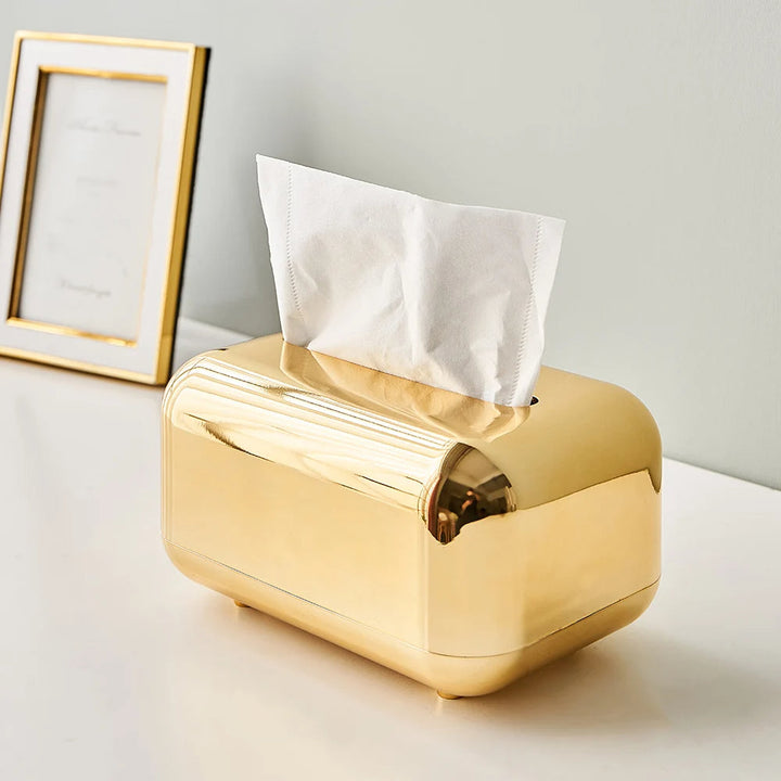 Minimalist gold & silver tissue dispenser, sleek modern home accessory.