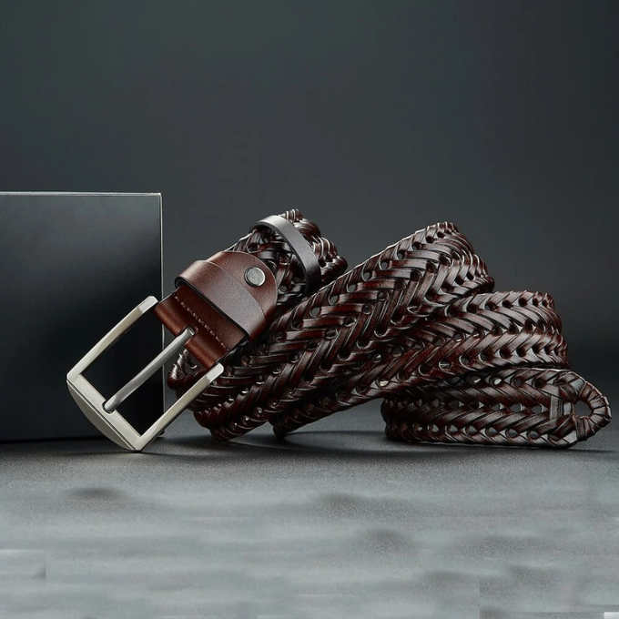 Men's genuine leather braided belt in a rich brown, an ideal durable and stylish dress or casual accessory.