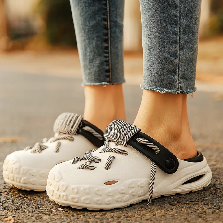 Detail shot of the flexible material on comfortable women's Echo Laced Clogs.