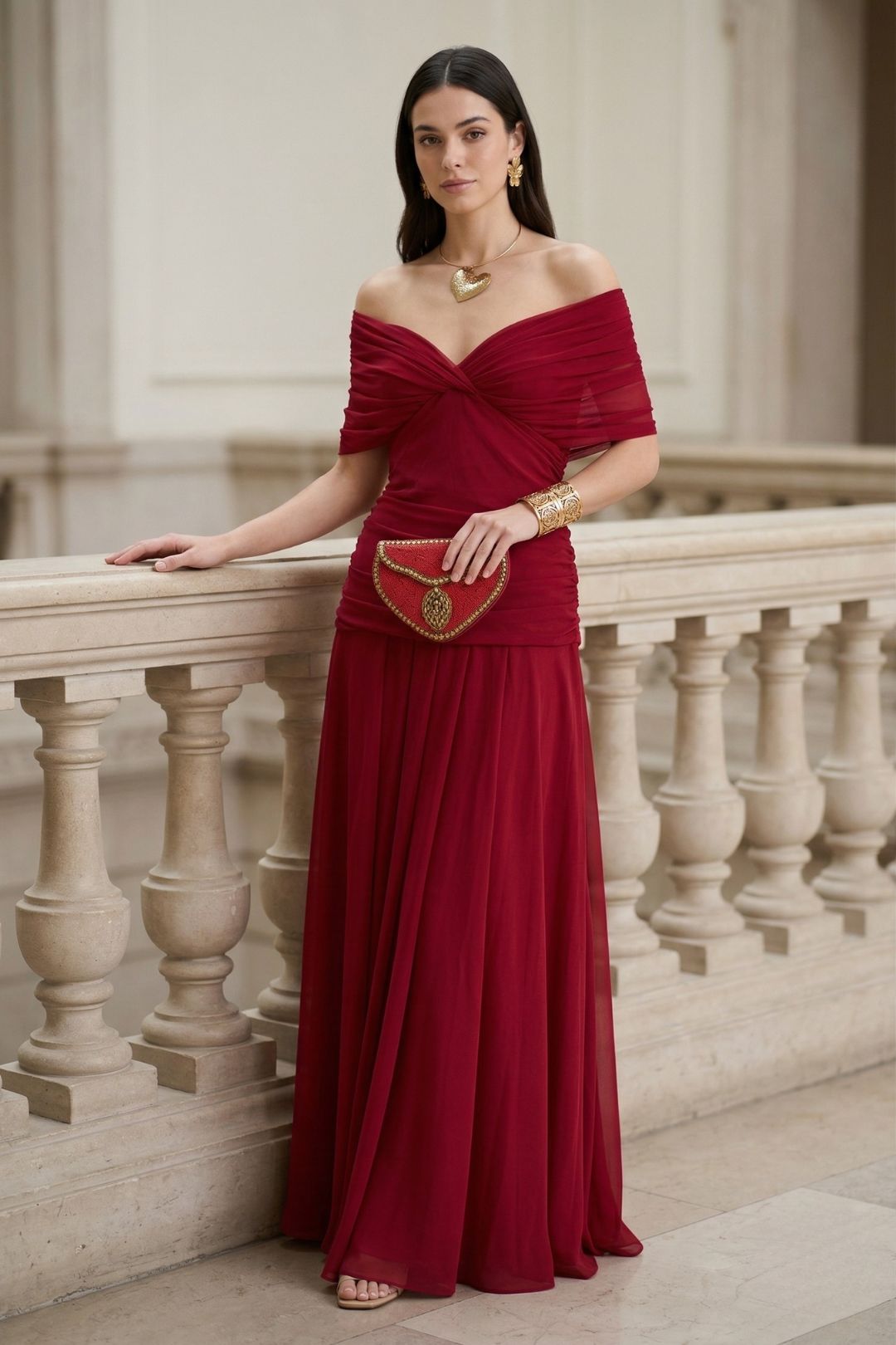 Chic women's elegant off-shoulder floral maxi dress with ruched sweetheart neckline for special occasions.