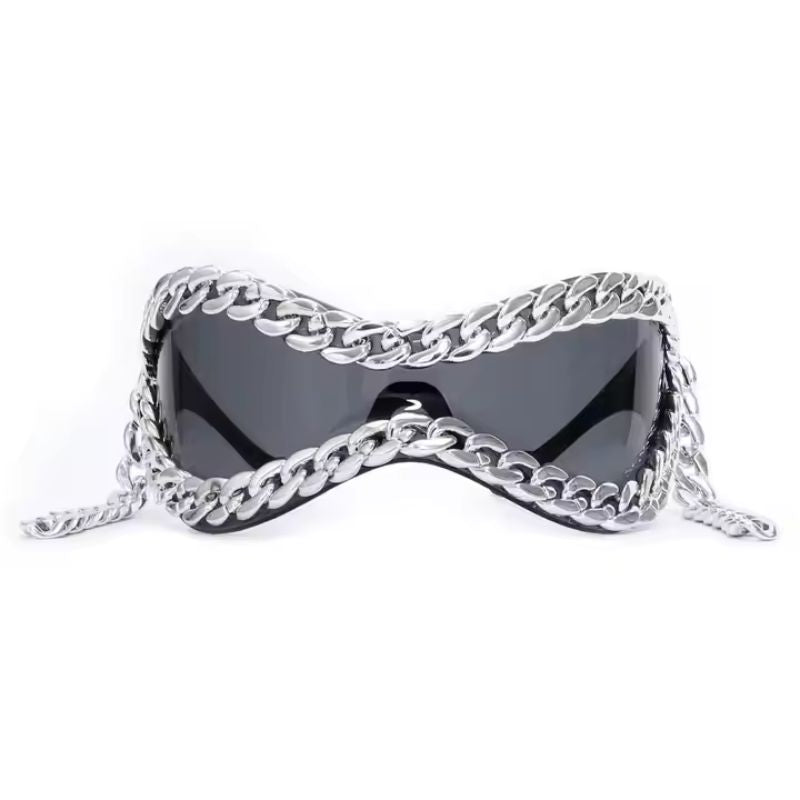 Bold unisex mirrored sunglasses with decorative chain accent. High-fashion eyewear statement.