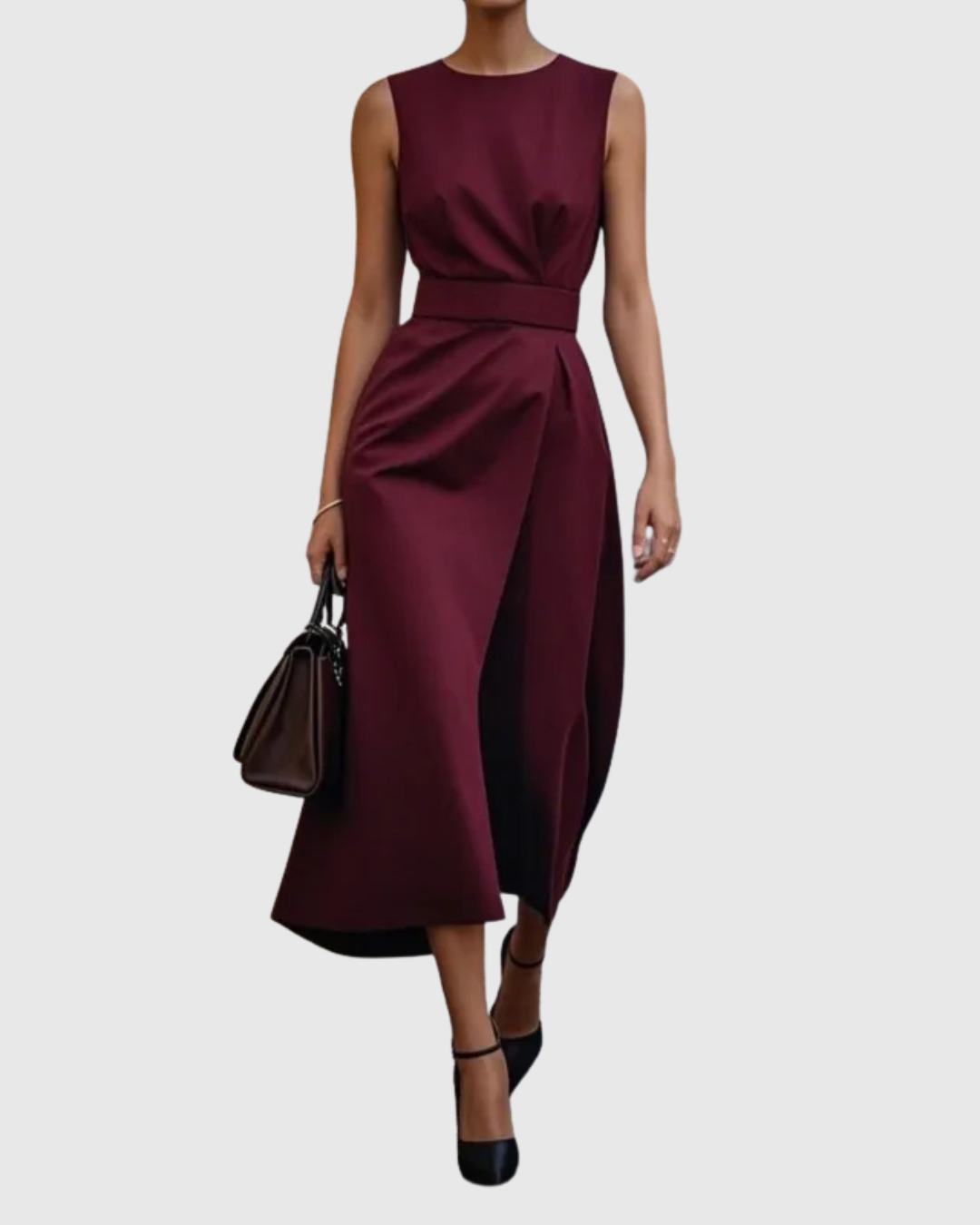 Fashionable women's sleeveless round neck below-knee dress with a chic pleated waist, ideal for elegant style.