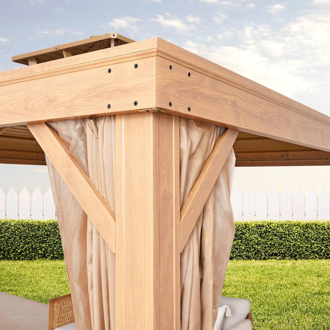 Spacious brown outdoor garden gazebo provides a perfect backyard retreat with mosquito net and privacy curtains for comfort.