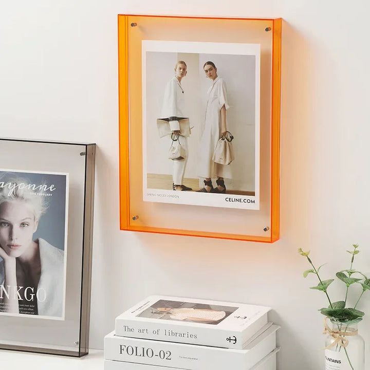 Colorful acrylic photo frame, vibrant wall decor & table accent for cherished memories.