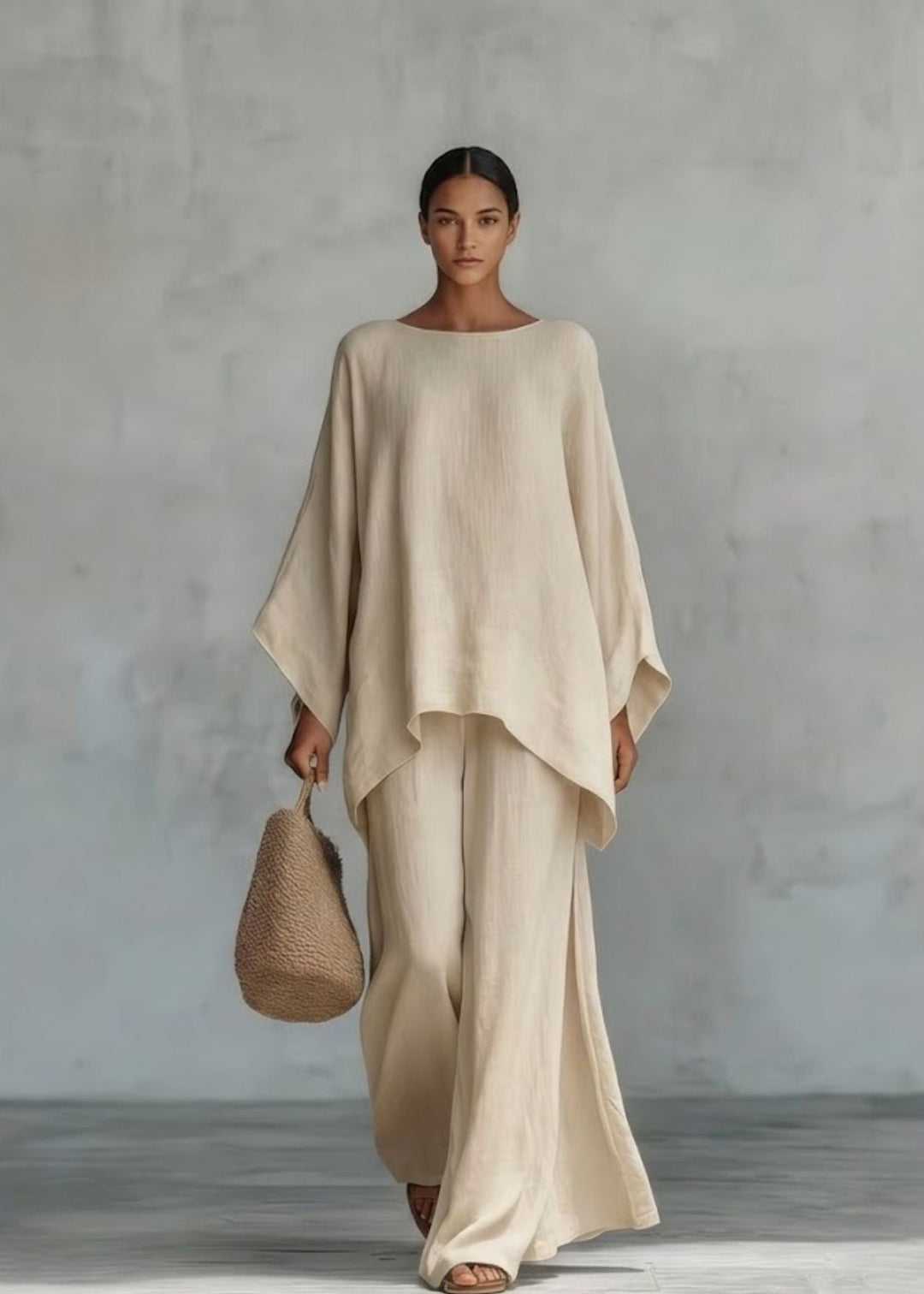 Flowy women's two-piece matching set: elegant cape top & wide leg pants, designed for stylish comfort.