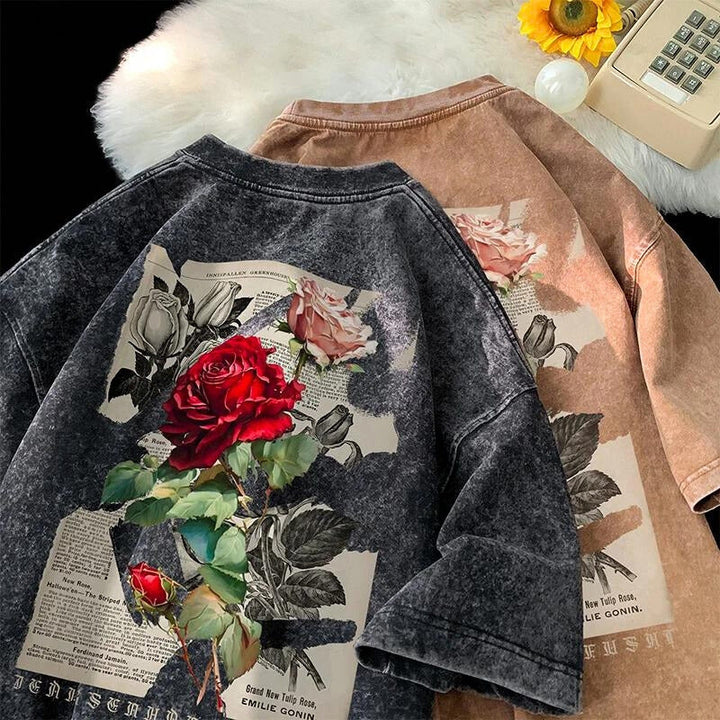 Vintage style washed rose graphic tee, an oversized unisex shirt for modern streetwear.
