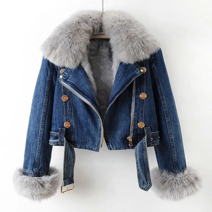 Versatile women's fashion moto jacket. Black outerwear with plush collar and cuffs for a chic & timeless look.