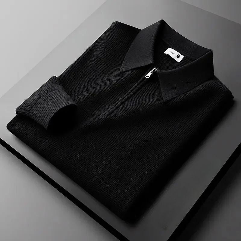 Cozy unisex zip collar pullover sweater. Relaxed fit for versatile casual wear, a perfect comfortable layering piece.