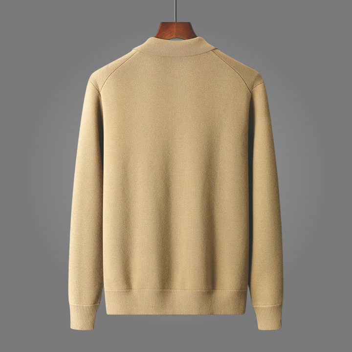 Warm men's knit cardigan sweater, ideal for cozy layering in fall and winter. Ultimate comfort style.