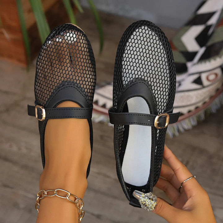 Beige comfortable mesh Mary Jane flats, breathable and stylish for women's casual outfits.