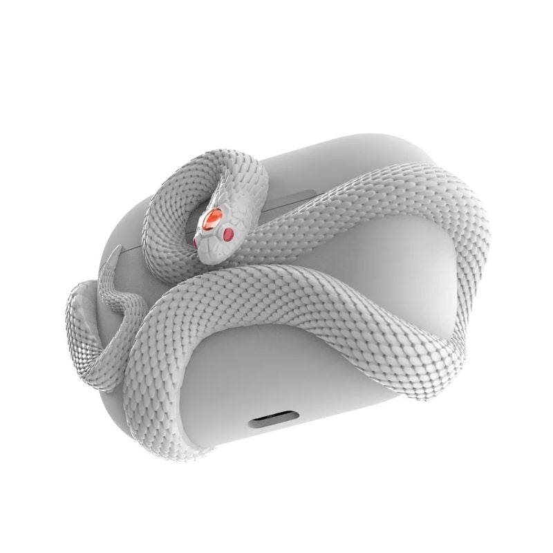 White serpent-style protective earbud case. Durable, scratch-resistant, a unique electronic accessory.