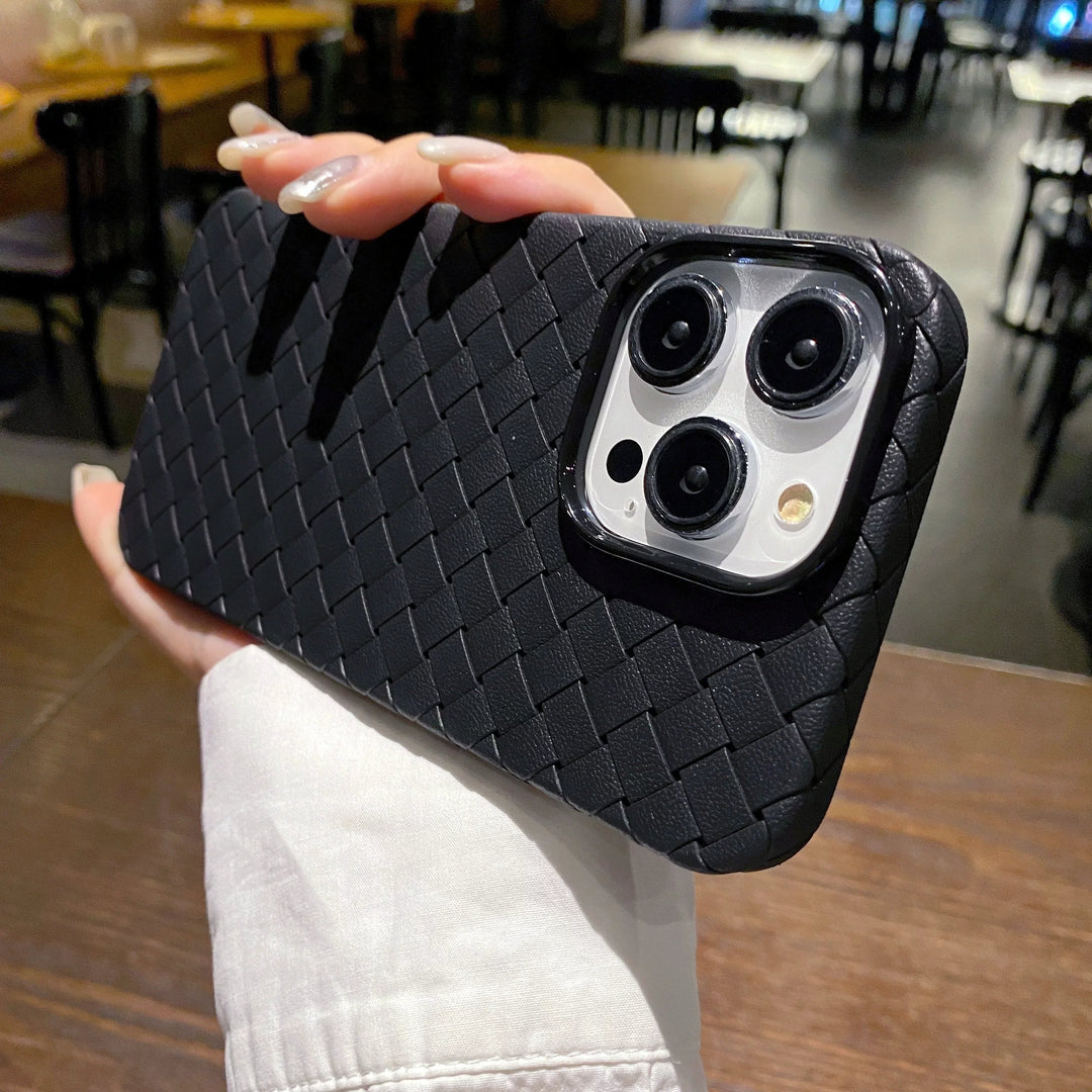 Stylish women's woven texture phone case with a slim, protective design.