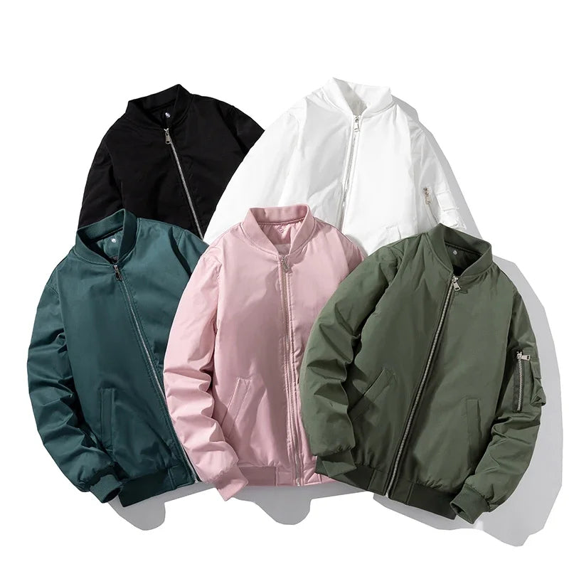 Close-up of men's Astro bomber jacket. Features round collar, ribbed cuffs, and multi-pocket details.