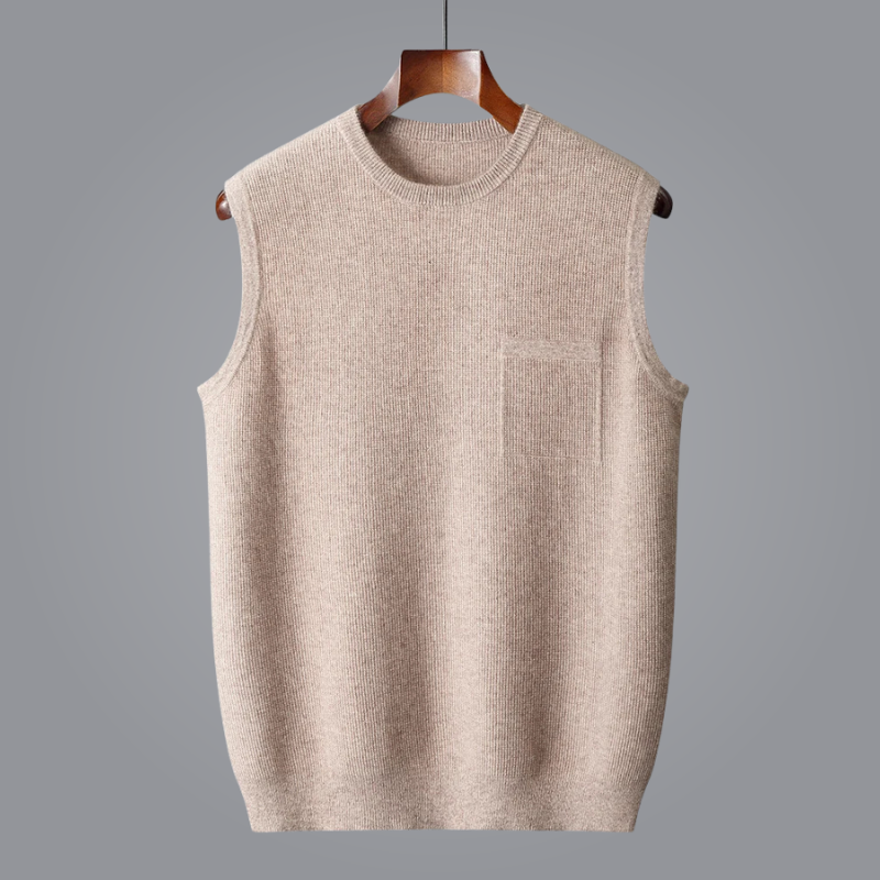 Men's versatile sleeveless crew neck sweater vest in camel, perfect for smart casual or business casual layering.