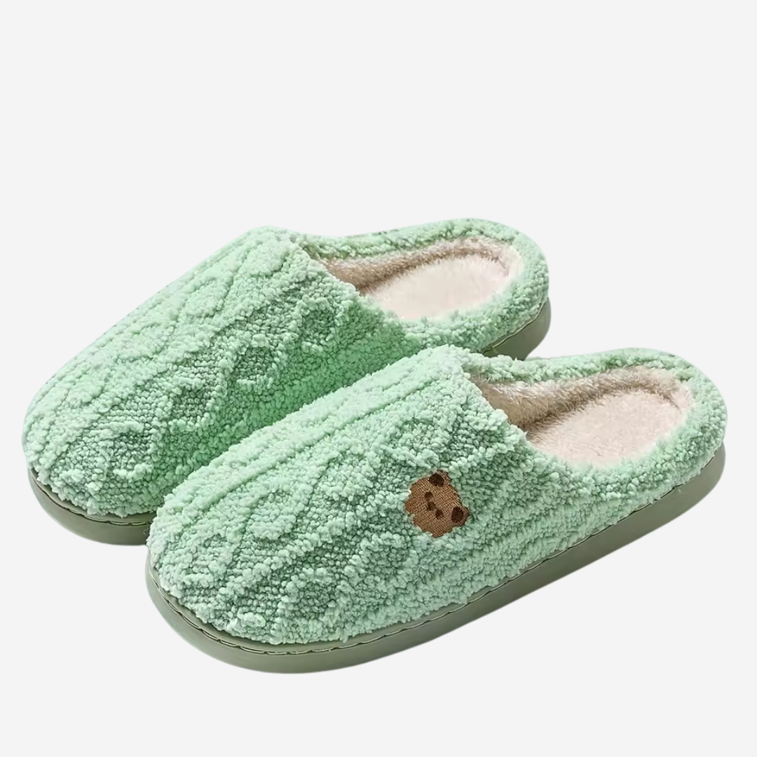 Playful teddy bear women's indoor slippers, soft and cozy house shoes for ultimate home comfort.