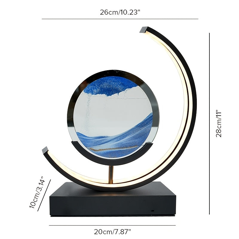 Stylish LED hourglass lamp with flowing sand art for modern office or desk decor.