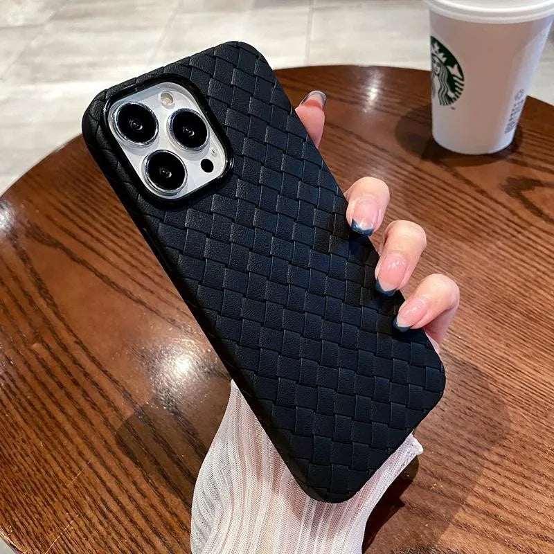 Protective woven texture smartphone cover for women, shock-absorbent & wireless charging.