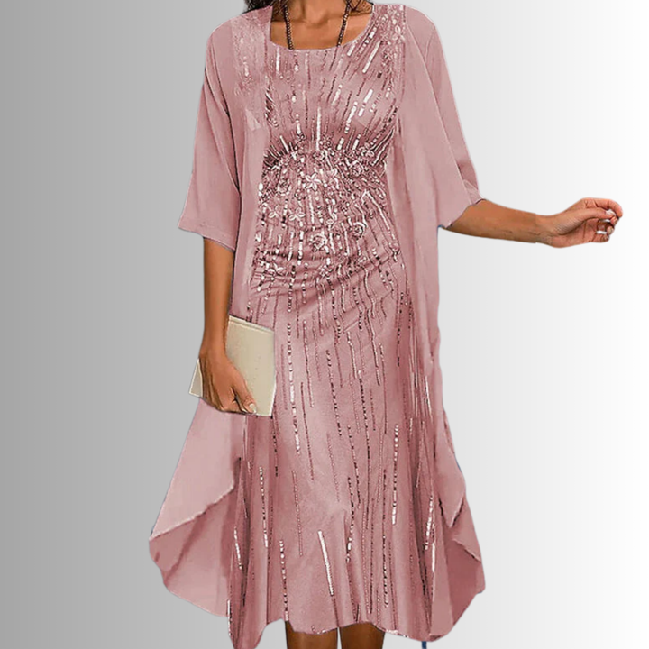 New arrival: Women's elegant floral midi dress & sheer cardigan 2-piece set for spring occasions.
