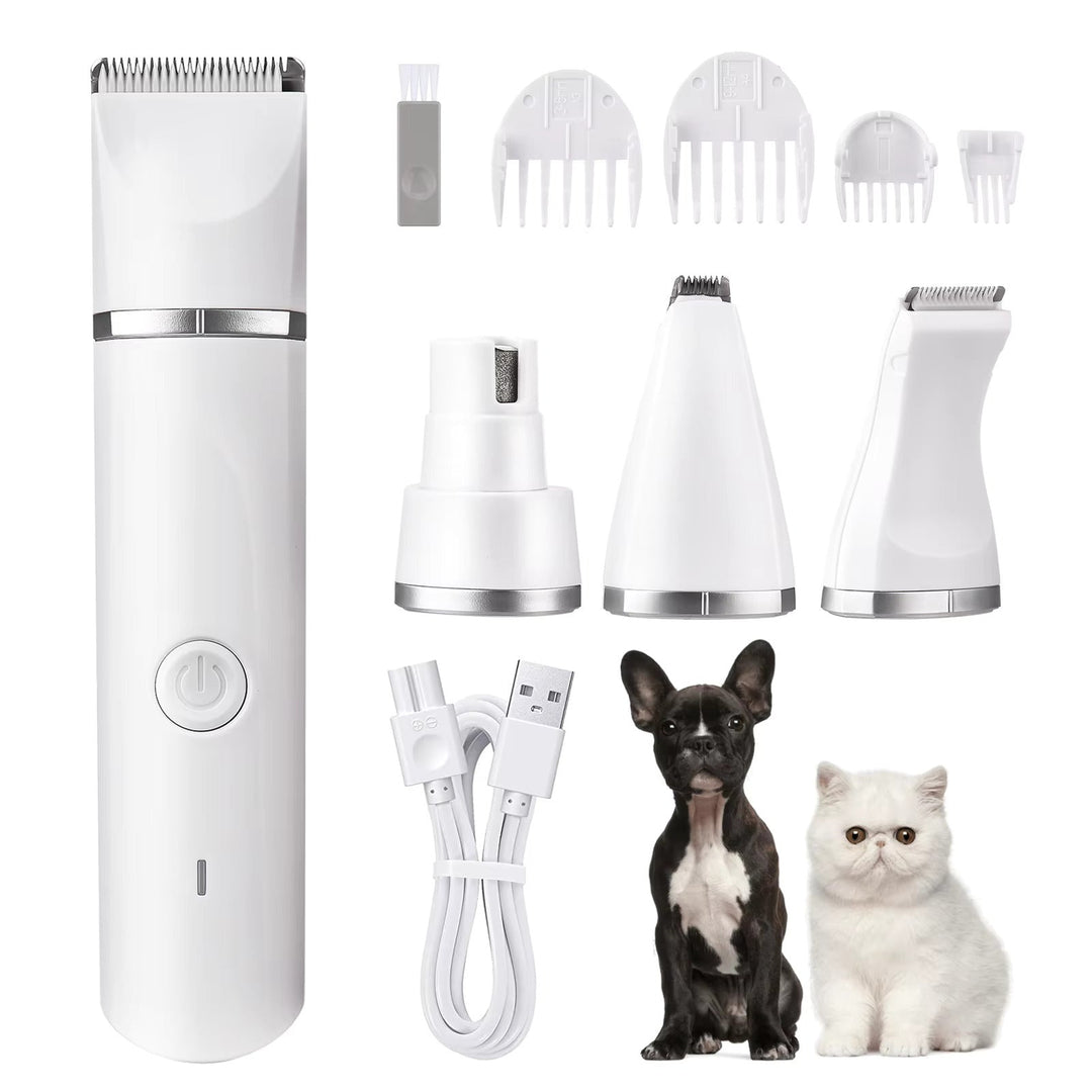 4-in-1 pet hair trimmer kit for dogs and cats, showcasing dog clippers, cat trimmer, nail grinder, and brush attachment for home grooming.