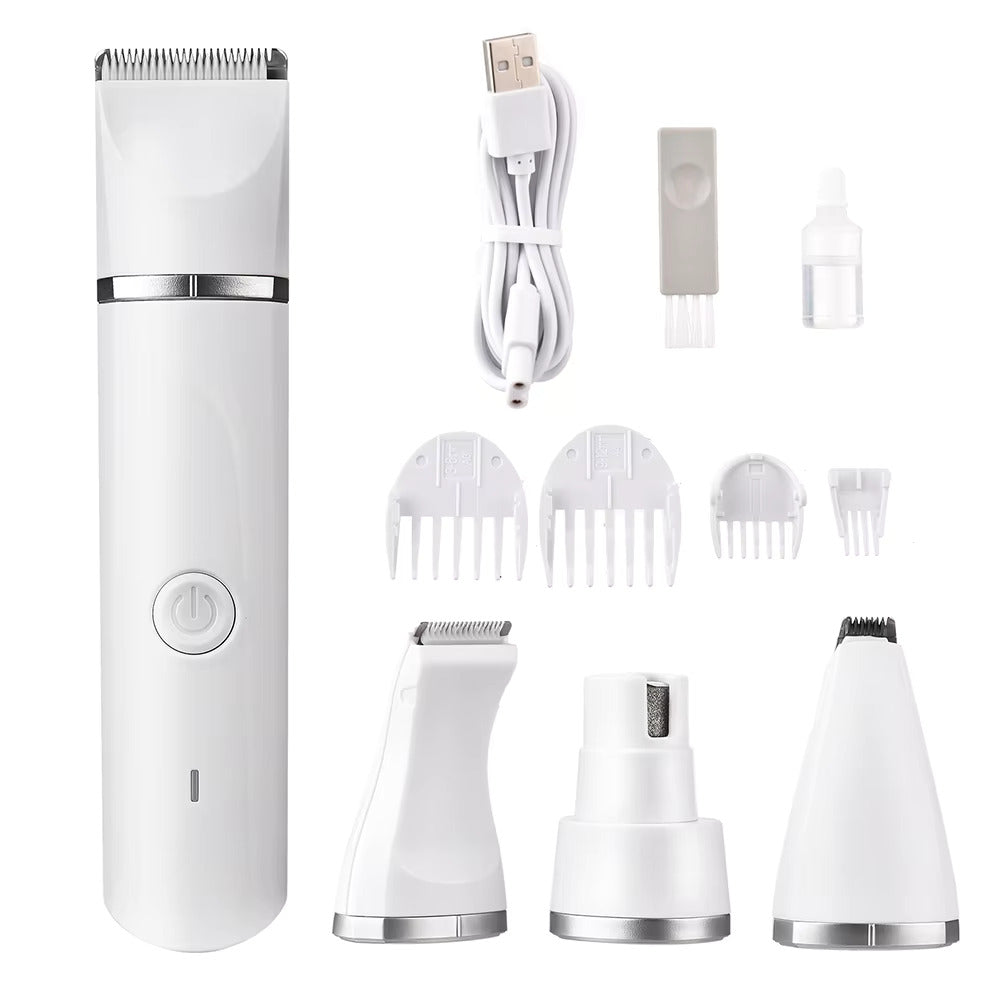 Cordless pet hair trimmer for dogs and cats with quiet operation, ergonomic design, and multiple grooming attachments for animal care.