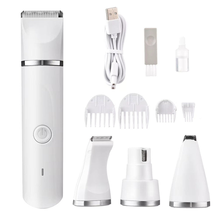 Cordless pet hair trimmer for dogs and cats with quiet operation, ergonomic design, and multiple grooming attachments for animal care.