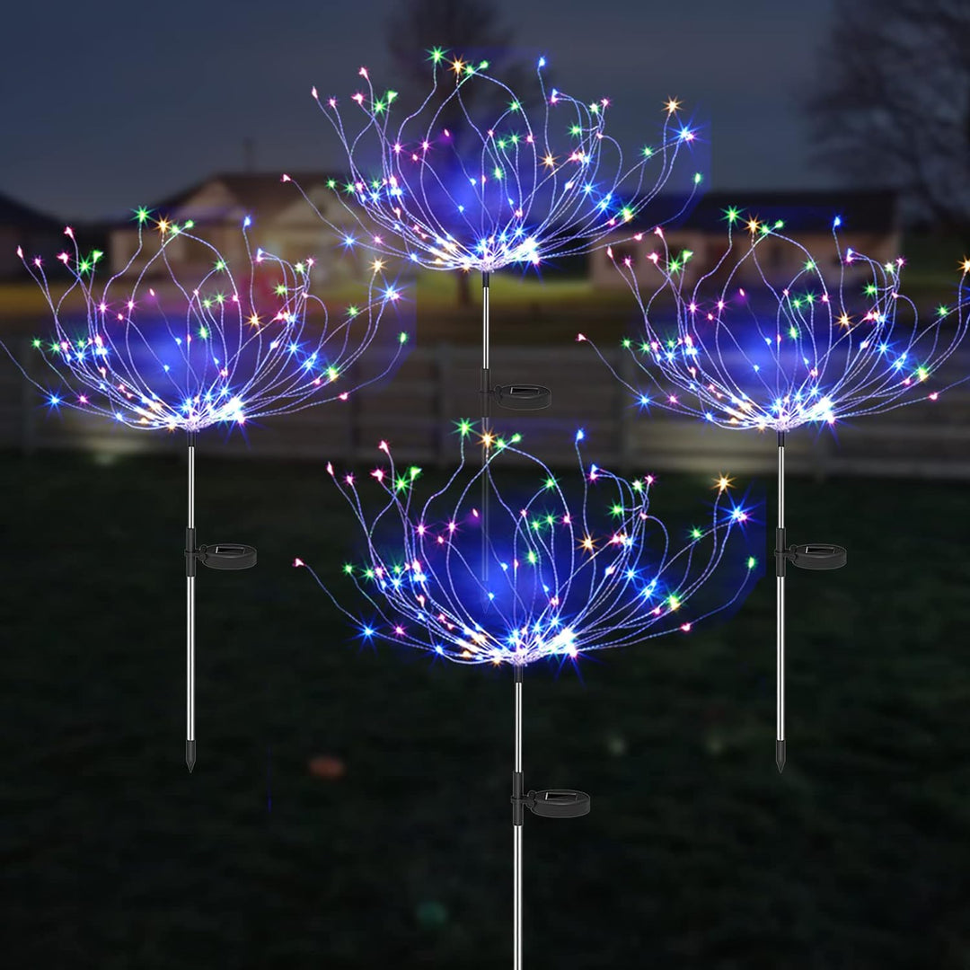 Close-up of a solar LED firework garden light, showcasing bright, energy-efficient illumination