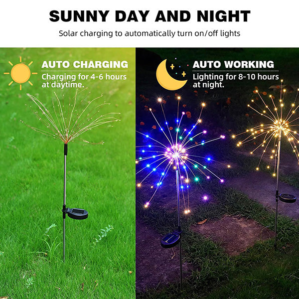 Set of four solar firework lights brightening a garden path, ideal outdoor decor